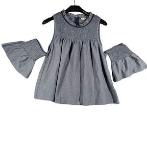 Hem & Thread Denim Chambray Blue/Wht Striped Cold Shoulder Smocked Popover Top M